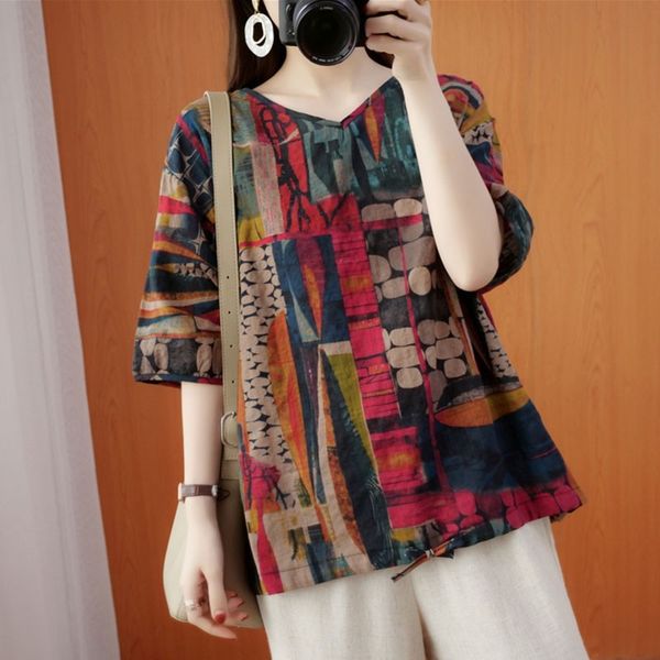 women summer cotton linen casual t-shirts new arrival vintage style v-neck print loose comfortable female tees s3663 210412, White
women summer cotton linen casual t-shirts new arrival vintage style v-neck print loose comfortable female tees s3663 210412, White