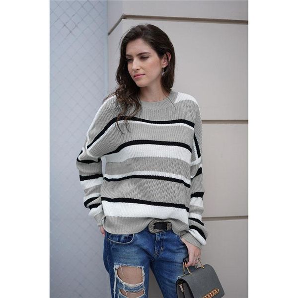 women's sweaters striped sweater round neck long sleeve pullover knitted for women autumn winter 2021, White;black
women's sweaters striped sweater round neck long sleeve pullover knitted for women autumn winter 2021, White;black