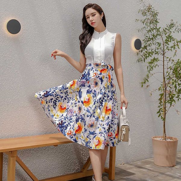 fashion summer women skirt suit sleeveless crop & floral print a-line midi elegant korean 2 piece set 210529, White
fashion summer women skirt suit sleeveless crop & floral print a-line midi elegant korean 2 piece set 210529, White