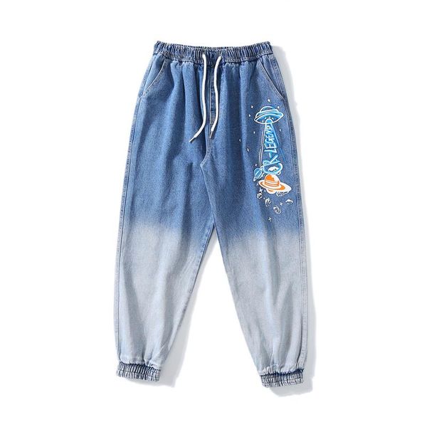 fashionable men's jeans with foot binding style gradual washing effect, Blue