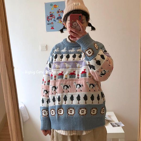 women's sweaters japanese spring and autumn childlike animal jacquard pullover sweater students loose thick women christmas, White;black
women's sweaters japanese spring and autumn childlike animal jacquard pullover sweater students loose thick women christmas, White;black