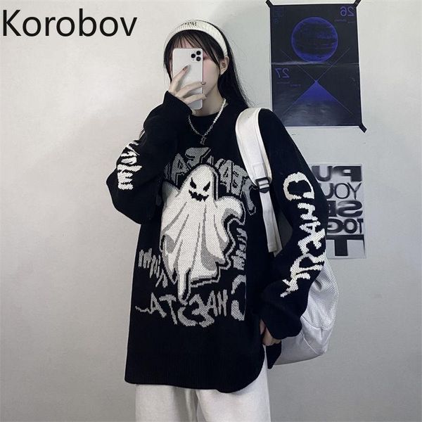 women's sweaters korobov korean autumn winter cartoon knitted women japanese harajuku oversize sueter mujer vintage bf jumpers femme, White;black 
women's sweaters korobov korean autumn winter cartoon knitted women japanese harajuku oversize sueter mujer vintage bf jumpers femme, White;black