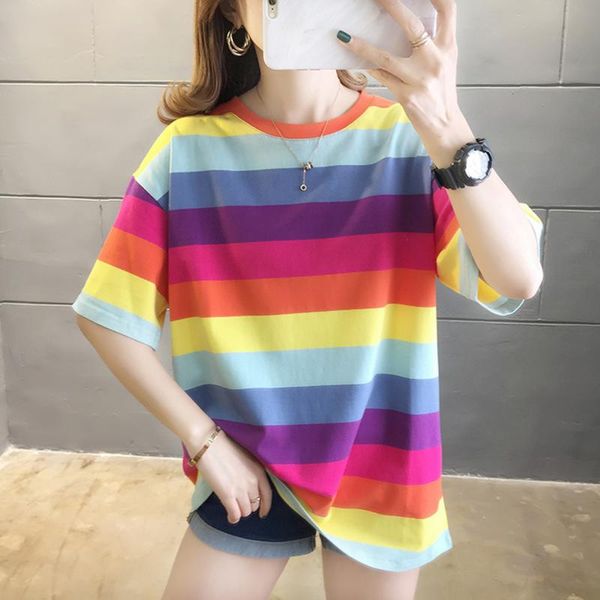 women's t-shirt blouses classic rainbow tee cotton colorful striped short sleeves vintage women summer breathable street casual fashio, White
women's t-shirt blouses classic rainbow tee cotton colorful striped short sleeves vintage women summer breathable street casual fashio, White