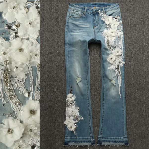 women's jeans 2021 spring fashion embroidered women hand beading elastic hole flare, Blue
women's jeans 2021 spring fashion embroidered women hand beading elastic hole flare, Blue