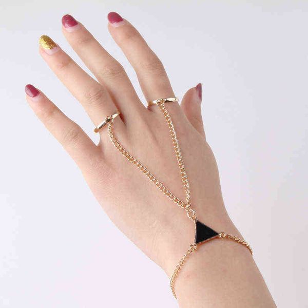 women punk finger ring bracelet triangle conjoined hand back chain jewelry, Black
