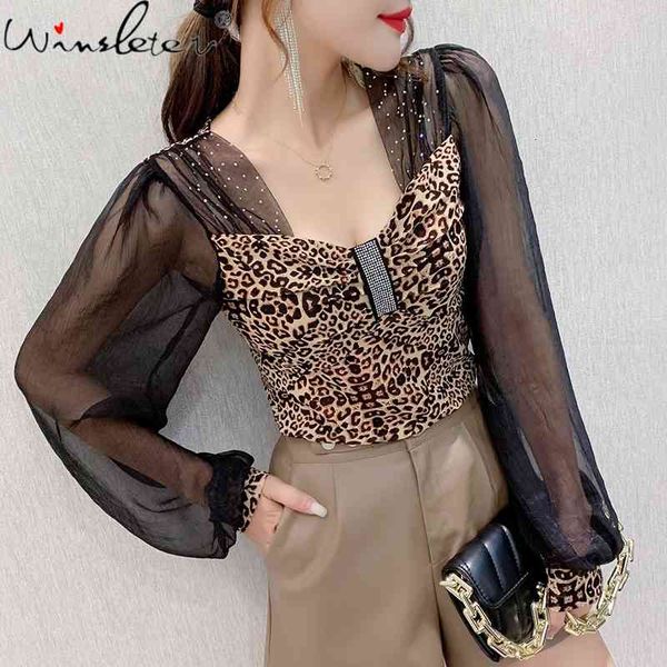 women's t-shirt spring fall korean style girl leopard v-neck shiny diamonds patchwork mesh puff sleeve women t t0d104a h, White 
women's t-shirt spring fall korean style girl leopard v-neck shiny diamonds patchwork mesh puff sleeve women t t0d104a h, White