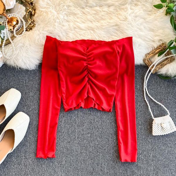women's t-shirt spring autumn korean style the solid color one-line collar pleated strapless short wild female shirt qx962, White
women's t-shirt spring autumn korean style the solid color one-line collar pleated strapless short wild female shirt qx962, White