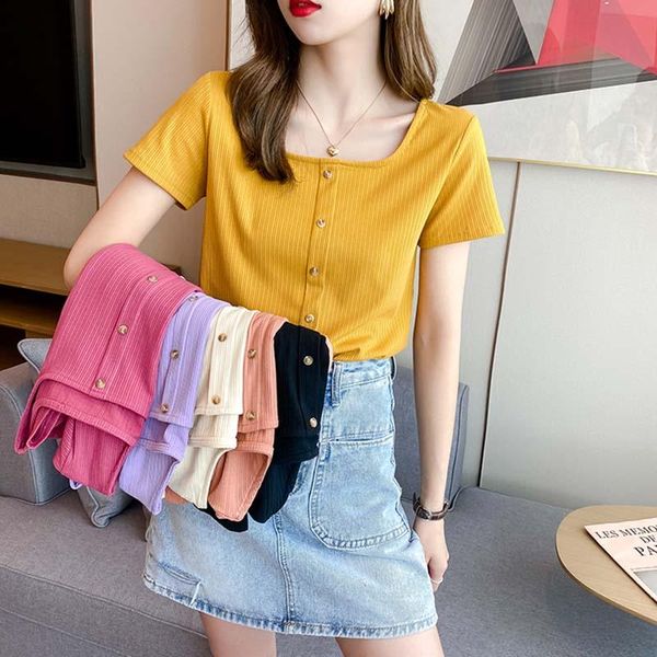 women's t-shirt 6 colors square collar t-shirts women button up crop office lady solid breathable short sleeve tshirt vintage leisure, White
women's t-shirt 6 colors square collar t-shirts women button up crop office lady solid breathable short sleeve tshirt vintage leisure, White