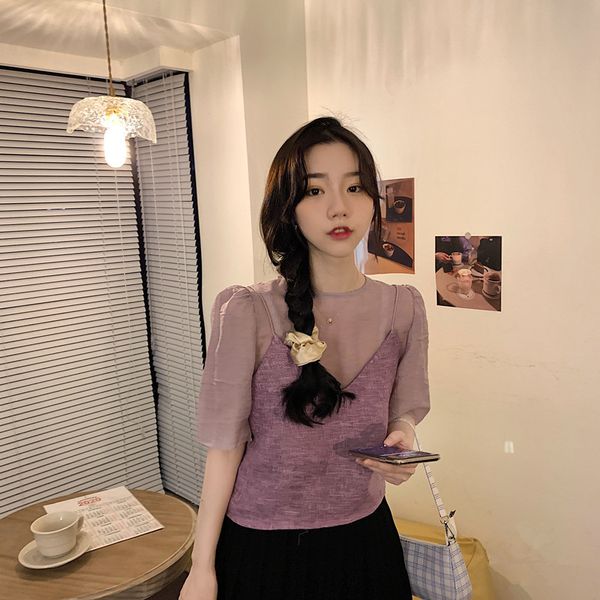 two pieces causal see through college wind pullover short sleeve women blouse with a solid vintage camis 210522, White
two pieces causal see through college wind pullover short sleeve women blouse with a solid vintage camis 210522, White