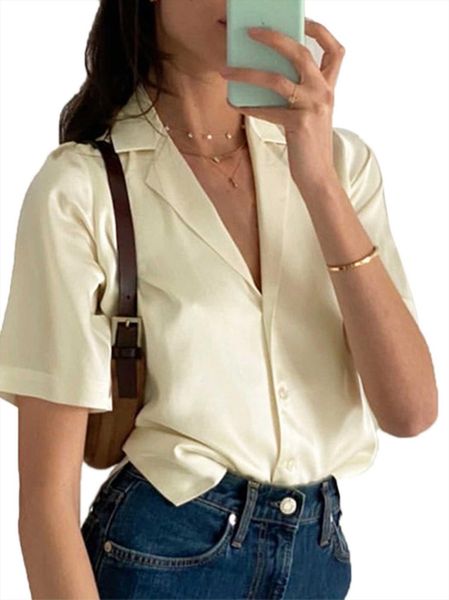 summer fashion with satin suit women blouses collar solid color v neck short sleeve silk shirts top, White
summer fashion with satin suit women blouses collar solid color v neck short sleeve silk shirts top, White