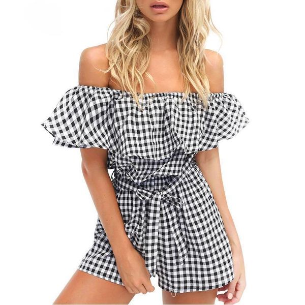 off shoulder slim plaid women jumpsuit summer beachwear ruffles playsuit overalls combinaison femme, Black;white
off shoulder slim plaid women jumpsuit summer beachwear ruffles playsuit overalls combinaison femme, Black;white