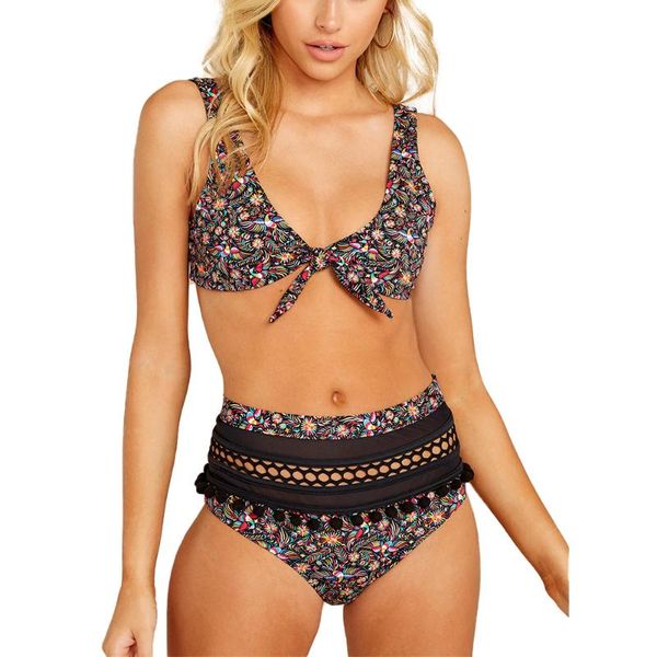 women's swimwear two piece bikini set high waist floral print front knot swimsuit hollow padded bathing suit triangle, White;black
women's swimwear two piece bikini set high waist floral print front knot swimsuit hollow padded bathing suit triangle, White;black