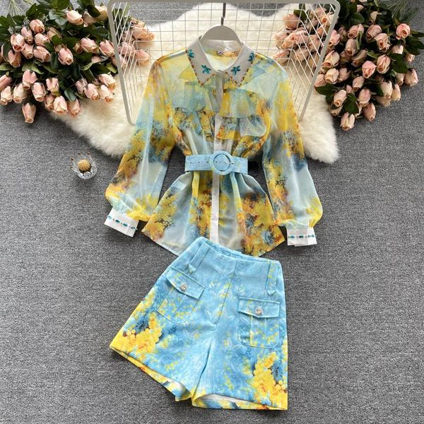women's tracksuits singreiny women summer fashion design print set turndown-collar single breasted chiffon blouse+high waist shorts two, Gray
women's tracksuits singreiny women summer fashion design print set turndown-collar single breasted chiffon blouse+high waist shorts two, Gray