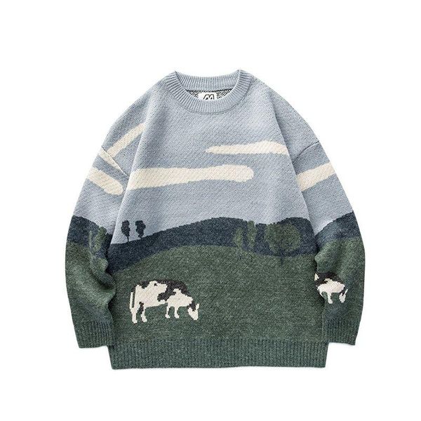 men's sweaters youth men o-neck korean cow print knit sweater casual pullover for winter fashions clothes, White;black 
men's sweaters youth men o-neck korean cow print knit sweater casual pullover for winter fashions clothes, White;black