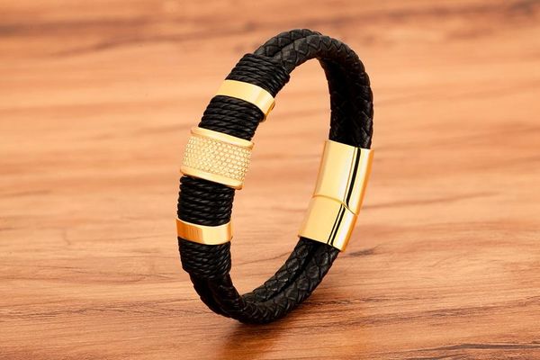 link, chain woven leather rope wrapping special style classic stainless steel men's bracelet double-layer design diy customization, Black
link, chain woven leather rope wrapping special style classic stainless steel men's bracelet double-layer design diy customization, Black