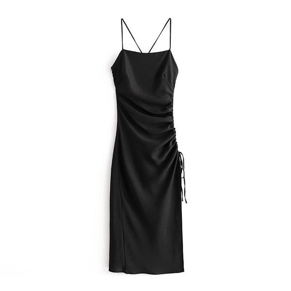 casual dresses backless thin straps black for women party side drawstring split design female robe 2021 summer elegant vestidos, Black;gray
