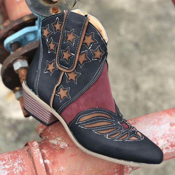 boots rubber for women patchwork western punk pu leather pointed toe ankle zipper star shoes 2021, Black