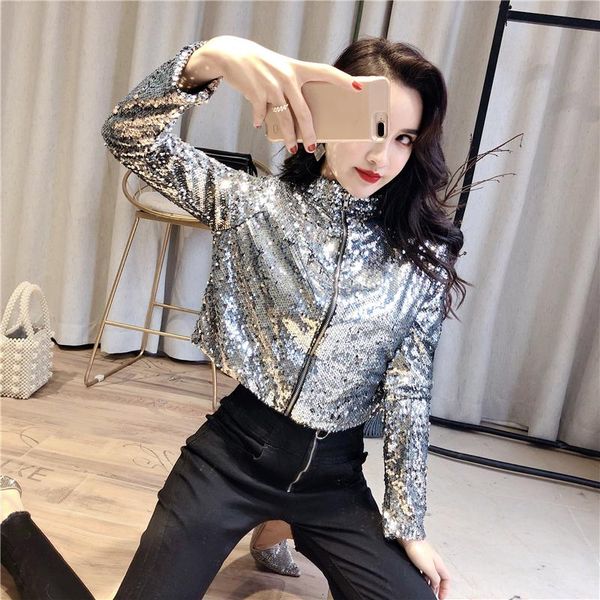 women's jackets 2021 spring silver/black sequin short jacket women ins zippers bomber coats long sleeves feminino coat hip hop outwear, Black;brown
women's jackets 2021 spring silver/black sequin short jacket women ins zippers bomber coats long sleeves feminino coat hip hop outwear, Black;brown