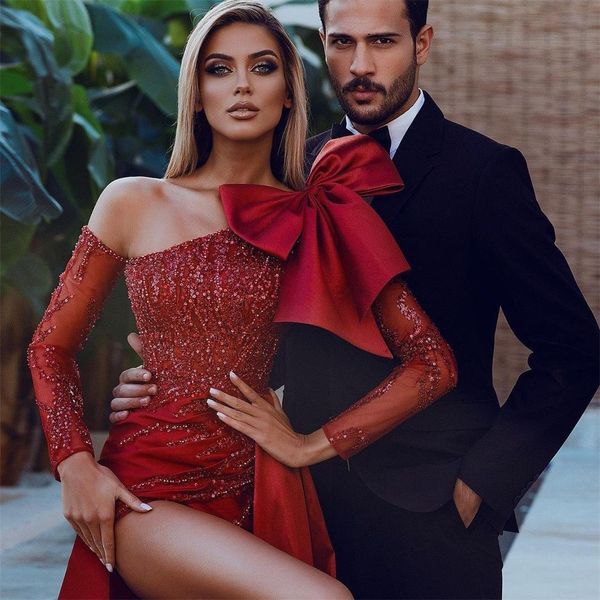 arabic red evening dress lace sequins side split prom gowns sheer long sleeve big bow pleat second reception dresses, Black;red
arabic red evening dress lace sequins side split prom gowns sheer long sleeve big bow pleat second reception dresses, Black;red