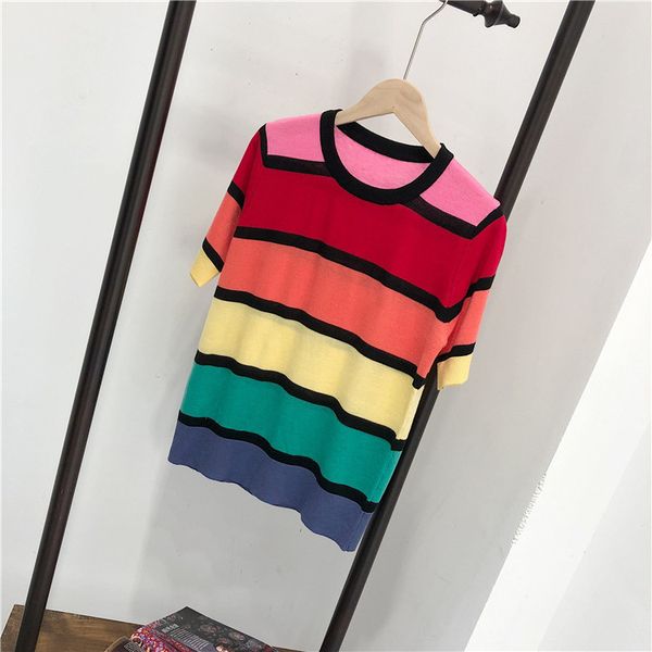 spring / summer 2020 new korean knitted stripe short sleeve rainbow round neck fine wool t-shirt, White
spring / summer 2020 new korean knitted stripe short sleeve rainbow round neck fine wool t-shirt, White