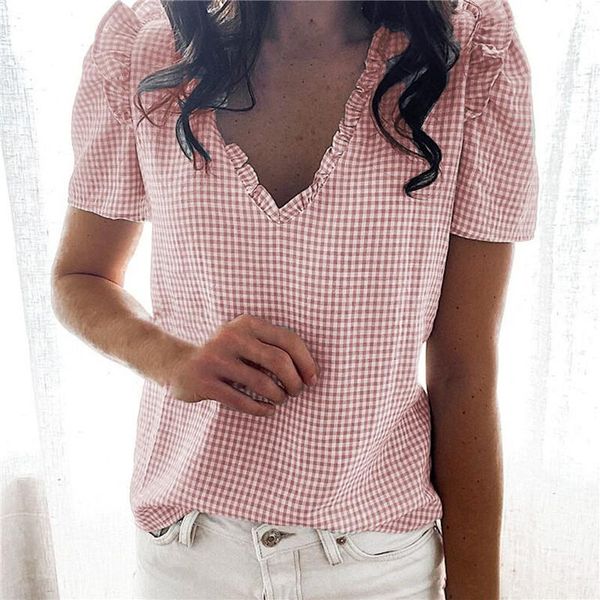 women's blouses & shirts casual women blouse short sleeve ruffles shirt elegant plaid v-neck summer female fashion pullover, White
women's blouses & shirts casual women blouse short sleeve ruffles shirt elegant plaid v-neck summer female fashion pullover, White