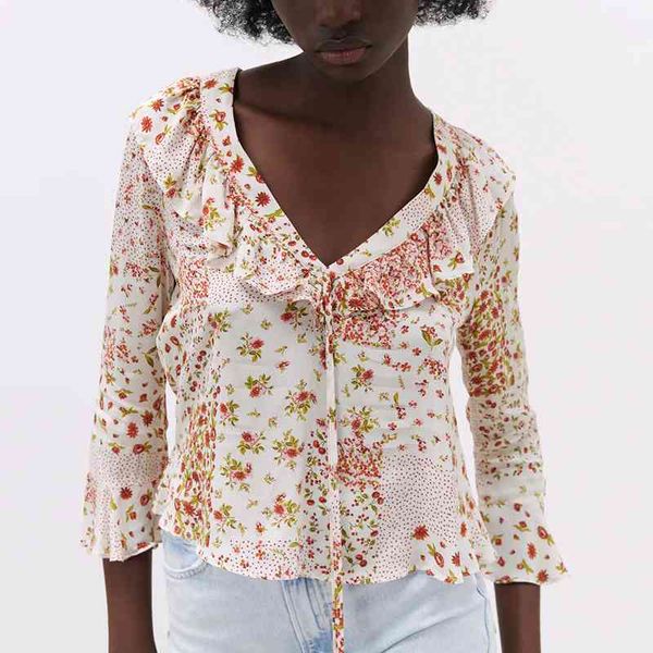 za summer women ruffles blouse flare sleeve v-neck female loose thin floral printed casual sweet girls shirt 210422, White
za summer women ruffles blouse flare sleeve v-neck female loose thin floral printed casual sweet girls shirt 210422, White