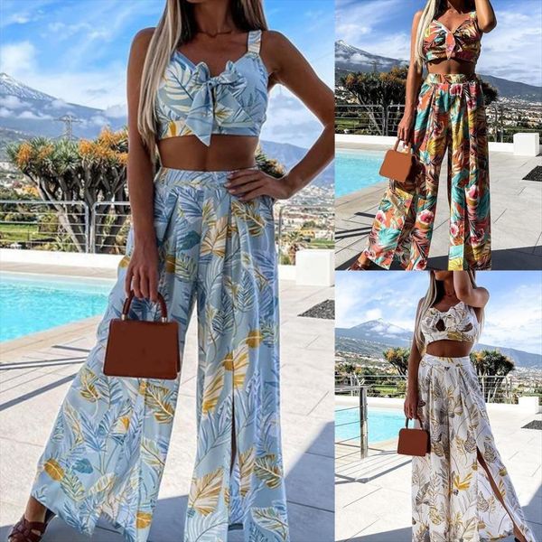 casual outfit sleeveless plant print womenpant summer bow crop split wide leg for beach, White
casual outfit sleeveless plant print womenpant summer bow crop split wide leg for beach, White