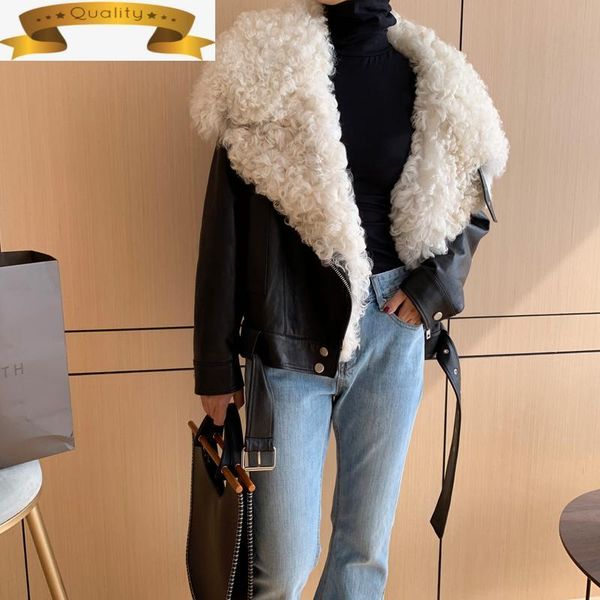 women's leather & faux female sheepskin coat 100% winter genuine jackets natural sheep fur collar 10% white duck down jacket warm woman, Black
women's leather & faux female sheepskin coat 100% winter genuine jackets natural sheep fur collar 10% white duck down jacket warm woman, Black