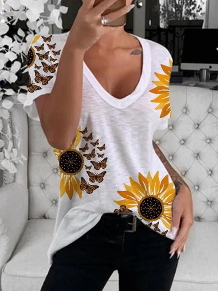 summer women t-shirt casual loose female fashion elegant v-neck sunflower print ladies short sleeve women's, White
summer women t-shirt casual loose female fashion elegant v-neck sunflower print ladies short sleeve women's, White
