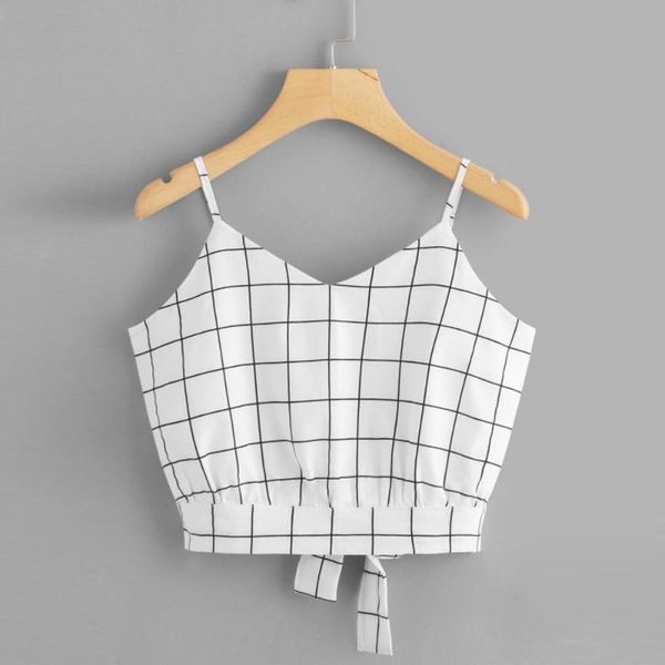 women's t-shirt 25# plaid print camisole tshirt women self tie back v neck crop cami plus size clothing sleeveless tunics t shirt, White
women's t-shirt 25# plaid print camisole tshirt women self tie back v neck crop cami plus size clothing sleeveless tunics t shirt, White