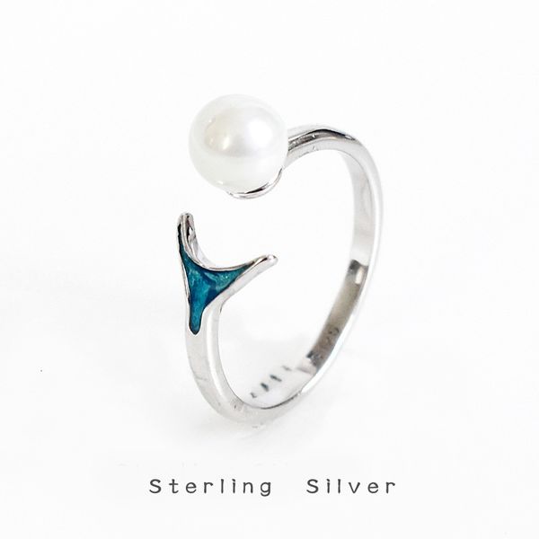 s925 silver pearl dolphin fishtail ring