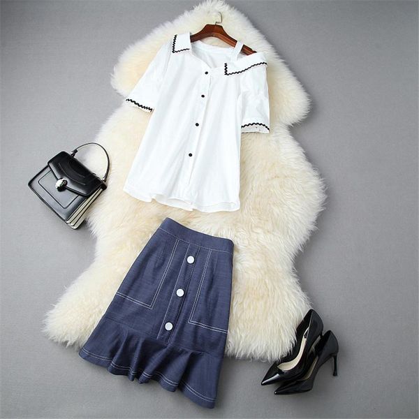summer suit 2 piece skirt set women runway fashion outfits elegant one shoulder white shirt and denim two dress 
summer suit 2 piece skirt set women runway fashion outfits elegant one shoulder white shirt and denim two dress