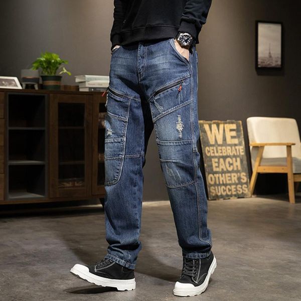 men's jeans plus size straight mens clothing leisure denim pants elasticity jean splice stitching cargo trousers, Blue
men's jeans plus size straight mens clothing leisure denim pants elasticity jean splice stitching cargo trousers, Blue