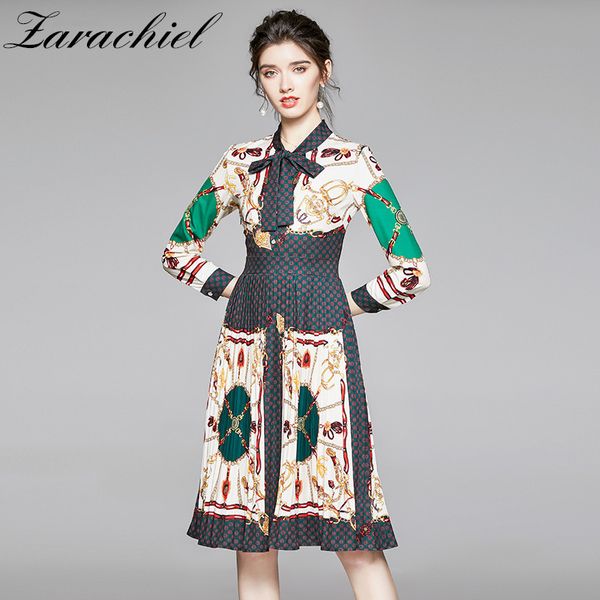 autumn fashion designer luxury chain print runway women vintage bow tie collar long sleeve slim waist pleated midi dress 210416, Black;gray
autumn fashion designer luxury chain print runway women vintage bow tie collar long sleeve slim waist pleated midi dress 210416, Black;gray