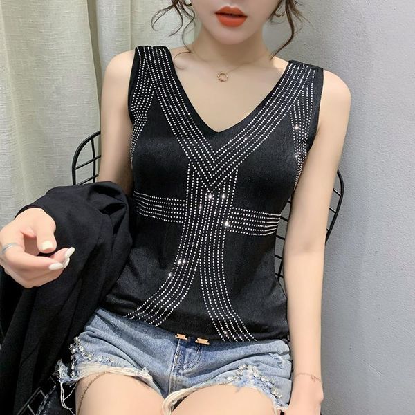 women's tanks & camis summer korean clothes vests fashion shiny v-neck diamonds women ropa mujer sleeveless chinlon tees 2021 t047, White 
women's tanks & camis summer korean clothes vests fashion shiny v-neck diamonds women ropa mujer sleeveless chinlon tees 2021 t047, White