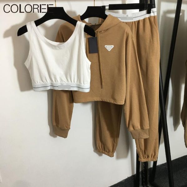 women's two piece pants autumn women tracksuits chic 3 set costume cotton solid lounge suit + long pants+ sleeveless tank 2021, White