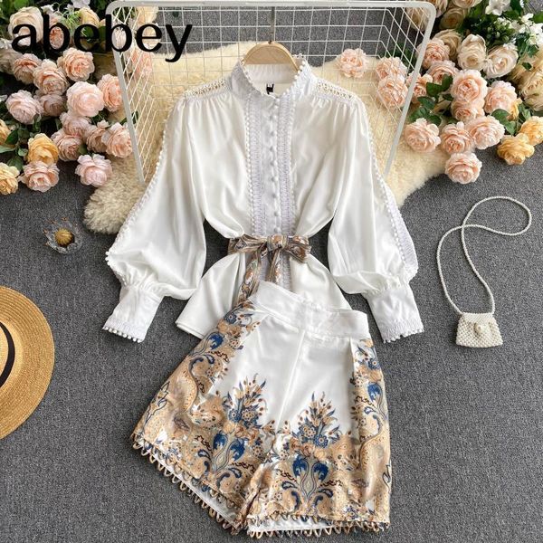 women 2021 spring design retro print white suits puff sleeve lace up high waist wide leg short pants two piece set women's tracksuits, Gray
women 2021 spring design retro print white suits puff sleeve lace up high waist wide leg short pants two piece set women's tracksuits, Gray