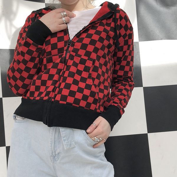 wind women's short small coat fashion black and red contrast checkerboard loose hooded women's sweater, White
wind women's short small coat fashion black and red contrast checkerboard loose hooded women's sweater, White
