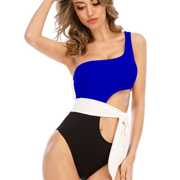 pit piece 2021 bar new solid lace up one shoulder color matching women's swimsuit, White;black
pit piece 2021 bar new solid lace up one shoulder color matching women's swimsuit, White;black