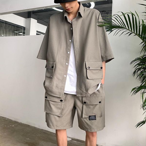 men's tracksuits -2xl short sleeve tracksuit men double pockets striped shirt+shorts two piece set summer japanese streetwear male clo, Gray
men's tracksuits -2xl short sleeve tracksuit men double pockets striped shirt+shorts two piece set summer japanese streetwear male clo, Gray