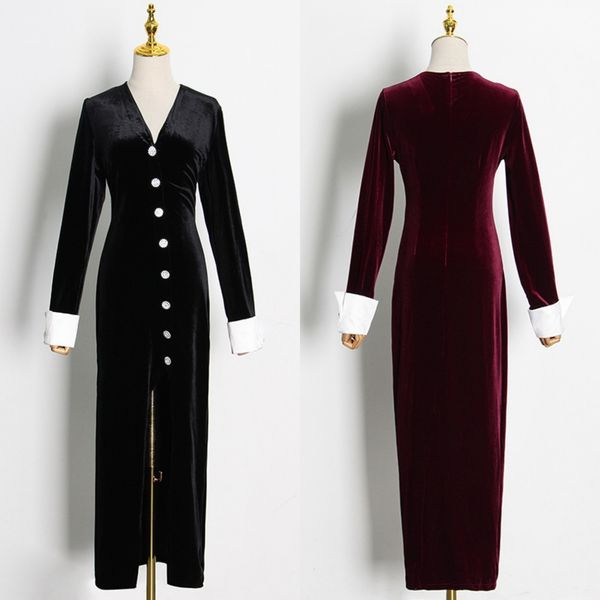 party dresses european and american spring autumn v-neck waist split velvet dress fgqi, White;black
party dresses european and american spring autumn v-neck waist split velvet dress fgqi, White;black