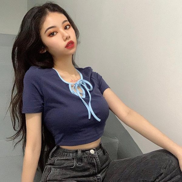 women's t-shirt contrast color design lace-up t shirt women short sleeve harajuku style exposed navel summer lys5, White
women's t-shirt contrast color design lace-up t shirt women short sleeve harajuku style exposed navel summer lys5, White