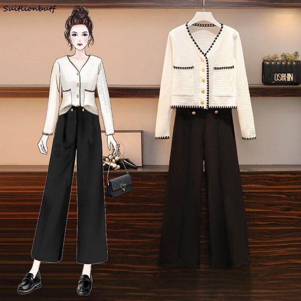 women's two piece pants autumn trouser suits 2021 female clothing v-neck long sleeve knitted cardigan high waist wide leg set woman 2 p, White
women's two piece pants autumn trouser suits 2021 female clothing v-neck long sleeve knitted cardigan high waist wide leg set woman 2 p, White