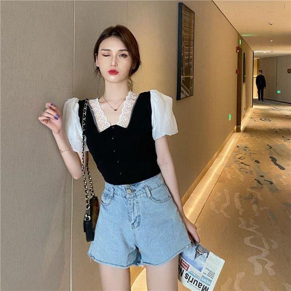 women's t-shirt t-shirts lace stitching knit with short-sleeved puff sleeve silk edge short slim thin, White
women's t-shirt t-shirts lace stitching knit with short-sleeved puff sleeve silk edge short slim thin, White