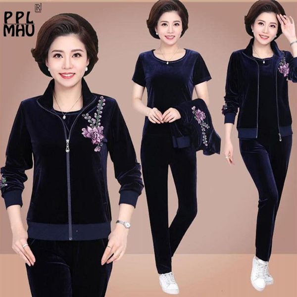 plus size velvet fashion casual mom suits ensemble femme 3 pieces zipper jacket coat t-shirt and pants tracksuits 2021 3xl two piece dress, White 
plus size velvet fashion casual mom suits ensemble femme 3 pieces zipper jacket coat t-shirt and pants tracksuits 2021 3xl two piece dress, White