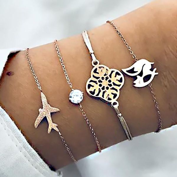 link, chain 4 pcs/set bohemian fashion crystal carved airplane pendant gold bracelet set women charm beach jewelry accessories, Black
link, chain 4 pcs/set bohemian fashion crystal carved airplane pendant gold bracelet set women charm beach jewelry accessories, Black