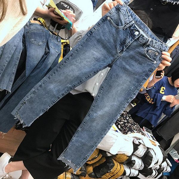 women's jeans fat mm slim stretch nine-point pants 200 kg large size high waist irregular split trend, Blue