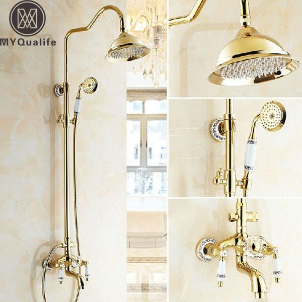 golden bathroom 8" rainfall shower tub faucet set wall mounted rotate spout two handles mixer tap ceramic handshower sets
golden bathroom 8" rainfall shower tub faucet set wall mounted rotate spout two handles mixer tap ceramic handshower sets