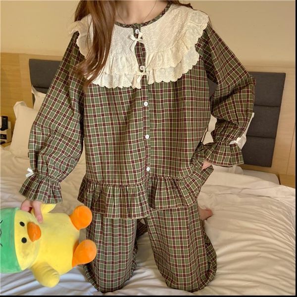 korean vintage plaid pajamas women sleepwear set fashion ruffle casual mori girls outwear home suit medieval flare sleeve s1025, Black;red
korean vintage plaid pajamas women sleepwear set fashion ruffle casual mori girls outwear home suit medieval flare sleeve s1025, Black;red