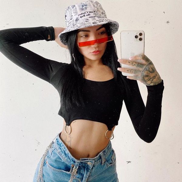 women solid color crop casual long sleeve scoop neck slim fit plain t shirt streetwear rings decor exposed navel women's t-shirt, White
women solid color crop casual long sleeve scoop neck slim fit plain t shirt streetwear rings decor exposed navel women's t-shirt, White